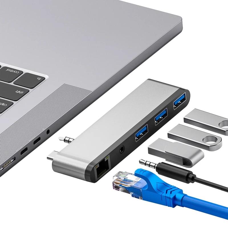 A9LC USB C  5 in 1 ˷̴ USB C  ̼ 3 USB 3.0 Ʈ ø RJ45 3.5mm PC Ʈ ǻ